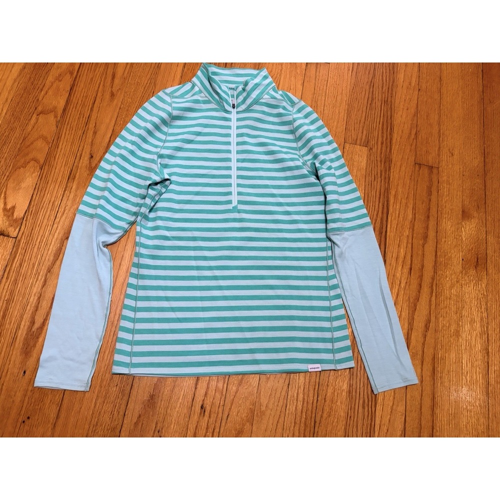 Patagonia Womens Merino Wool Blend Striped 1/4 Zip Base Layer Green M